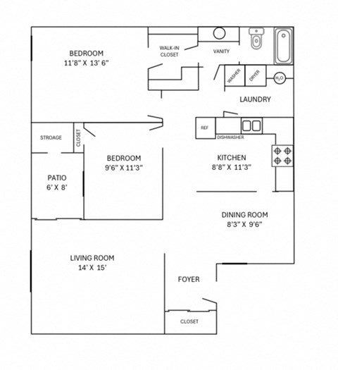 Floor plan for 2 beds, 1 bath, 1050 sqft